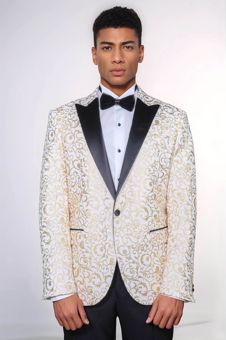 Beyaz Erkek Prom Blazer - Wessi Üzerinde Altın Parşömen Deseni