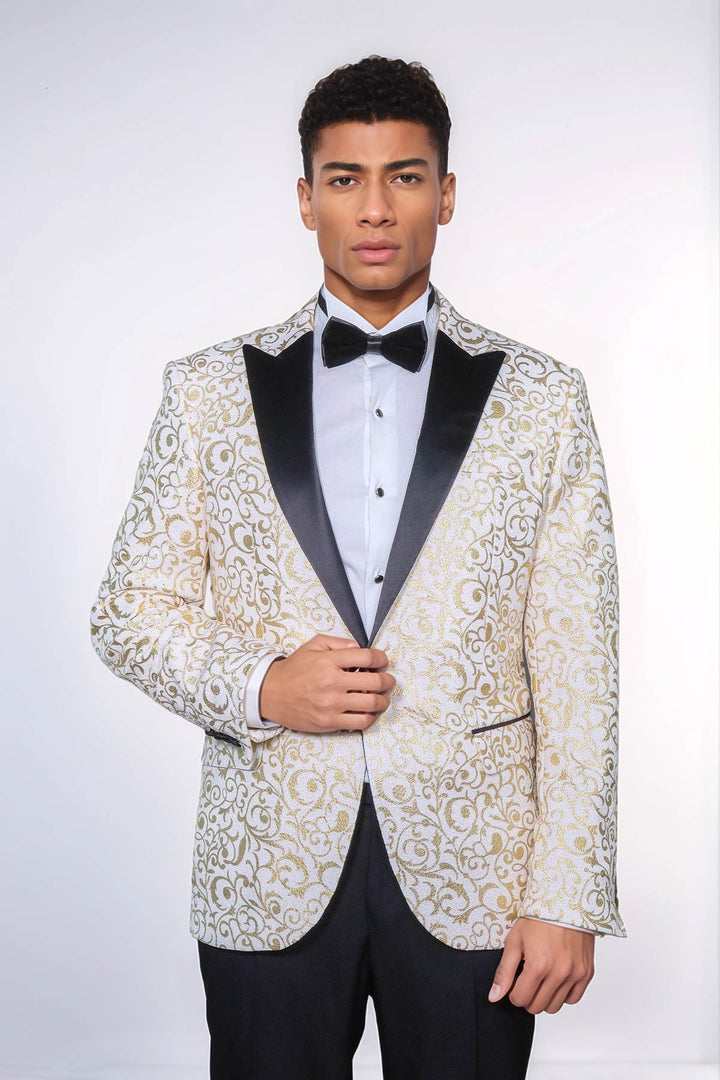Beyaz Erkek Prom Blazer - Wessi Üzerinde Altın Parşömen Deseni