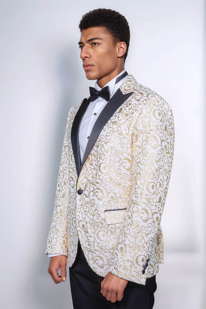 Beyaz Erkek Prom Blazer - Wessi Üzerinde Altın Parşömen Deseni