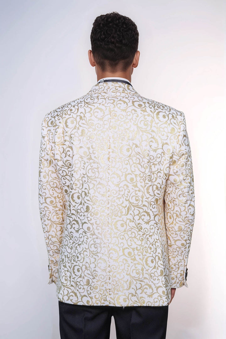 Beyaz Erkek Prom Blazer - Wessi Üzerinde Altın Parşömen Deseni