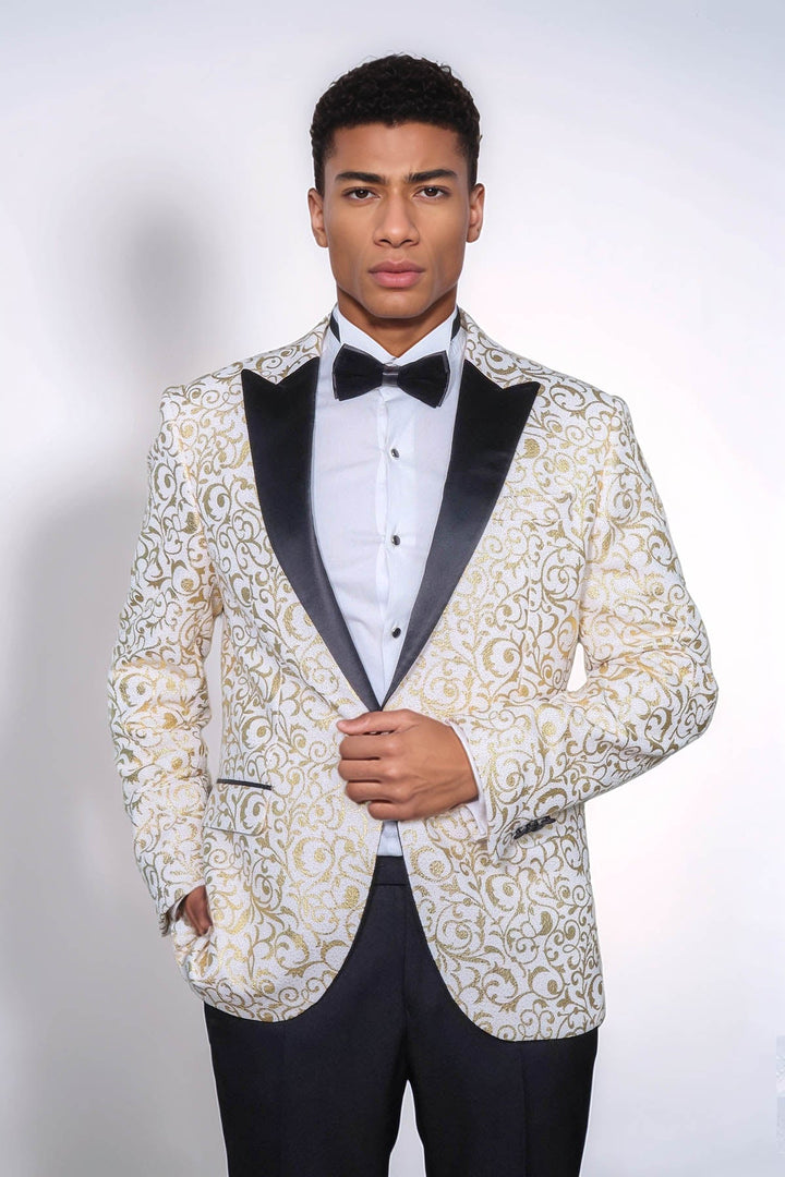 Beyaz Erkek Prom Blazer - Wessi Üzerinde Altın Parşömen Deseni