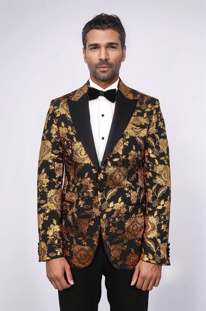 Blazer de fiesta ajustado con estampado floral en amarillo para hombre - Wessi