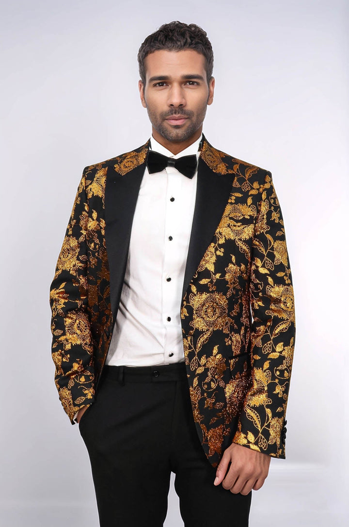 Blazer de fiesta ajustado con estampado floral en amarillo para hombre - Wessi