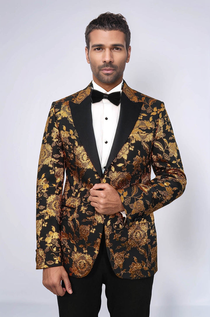Blazer de fiesta ajustado con estampado floral en amarillo para hombre - Wessi