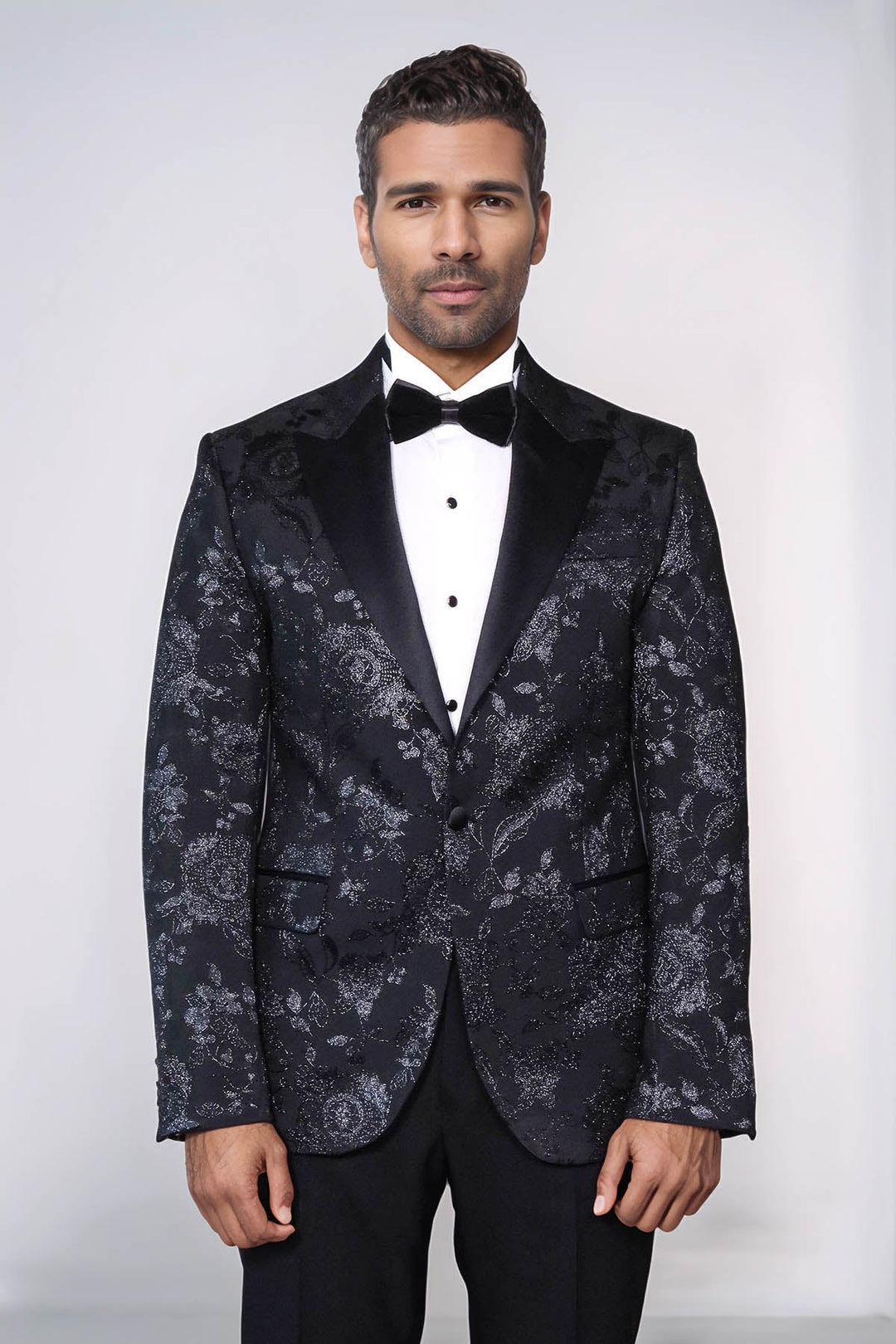 Floral Patterned Shiny Peak Lapel Black Men Prom Blazer - Wessi