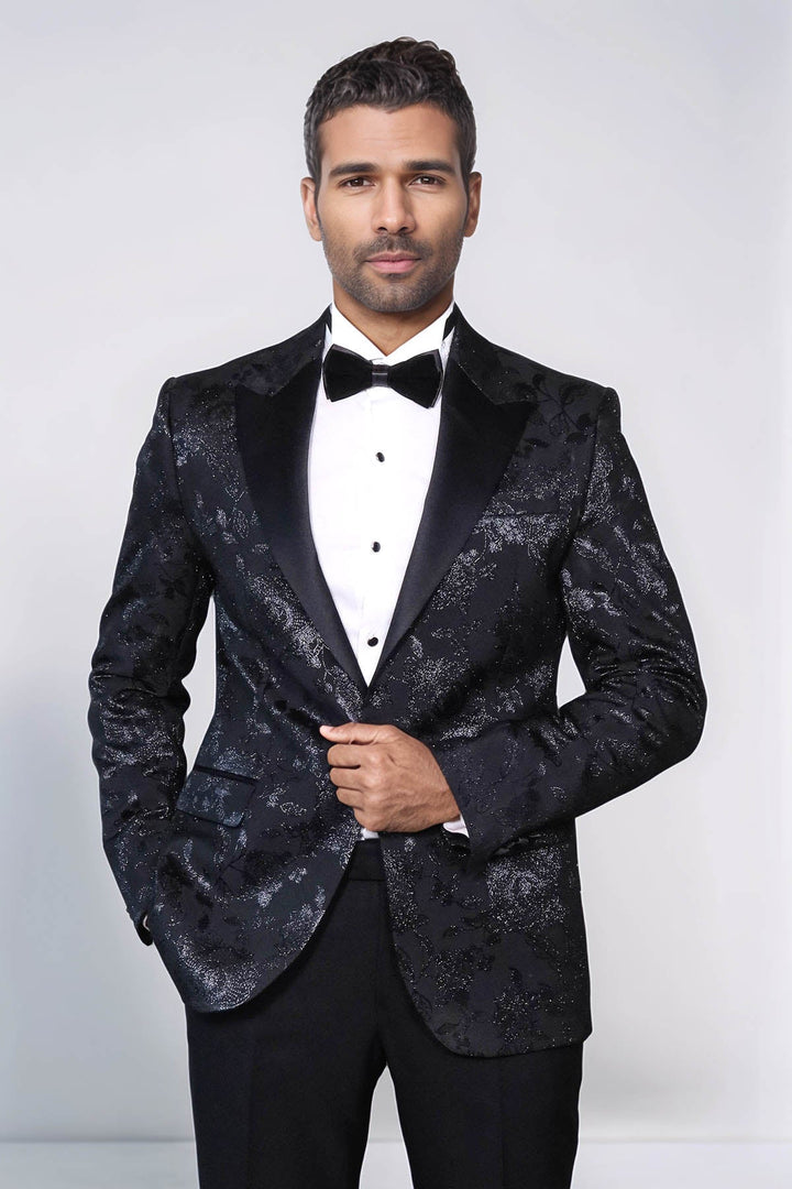 Floral Patterned Shiny Peak Lapel Black Men Prom Blazer - Wessi