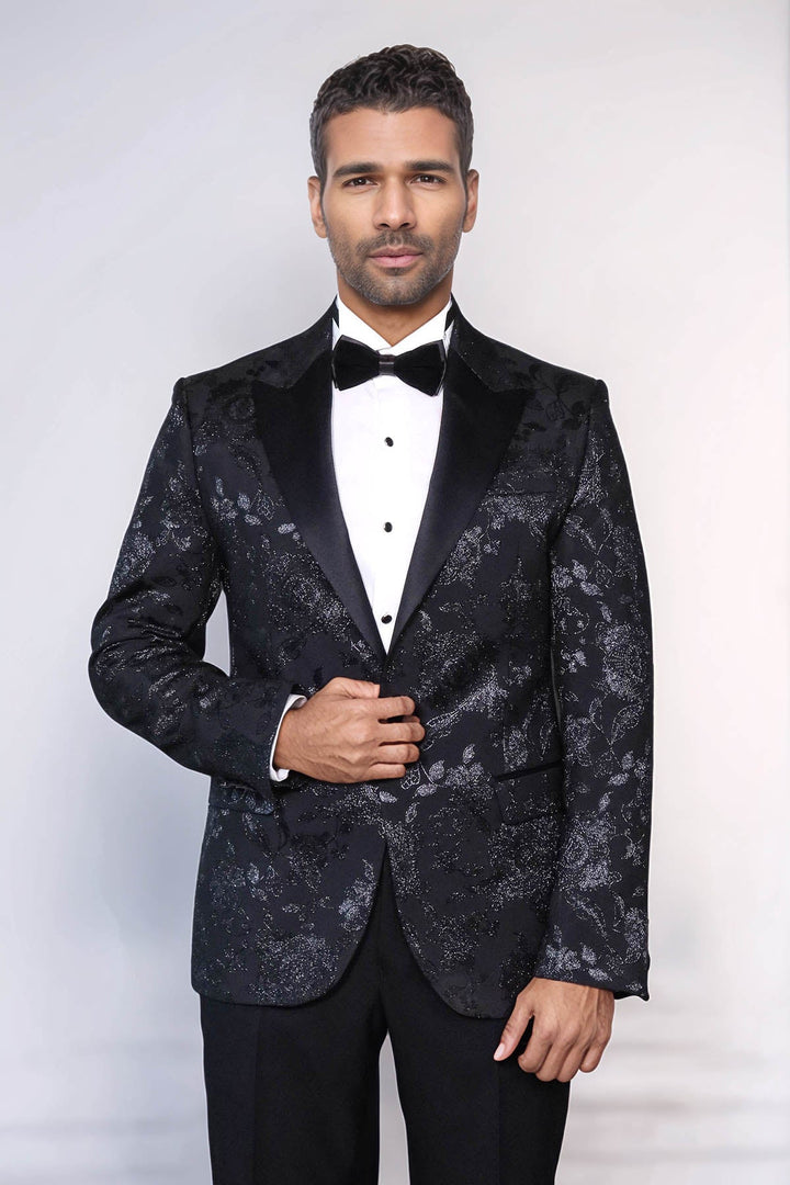 Floral Patterned Shiny Peak Lapel Black Men Prom Blazer - Wessi