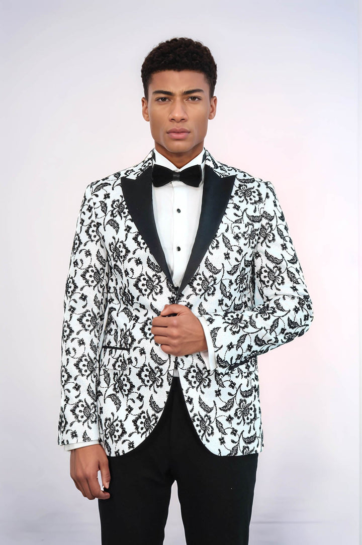 Blazer de fiesta para hombre con solapa de pico y estampado floral en color blanco - Wessi