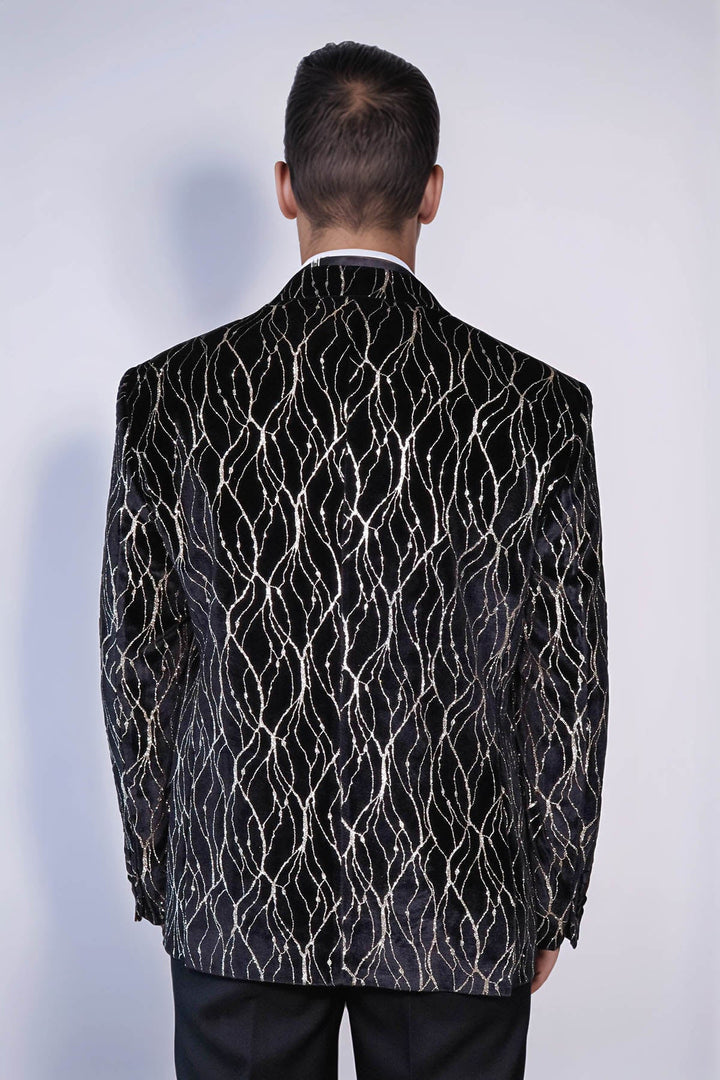 Gold Patterned Black Men Prom Blazer - Wessi