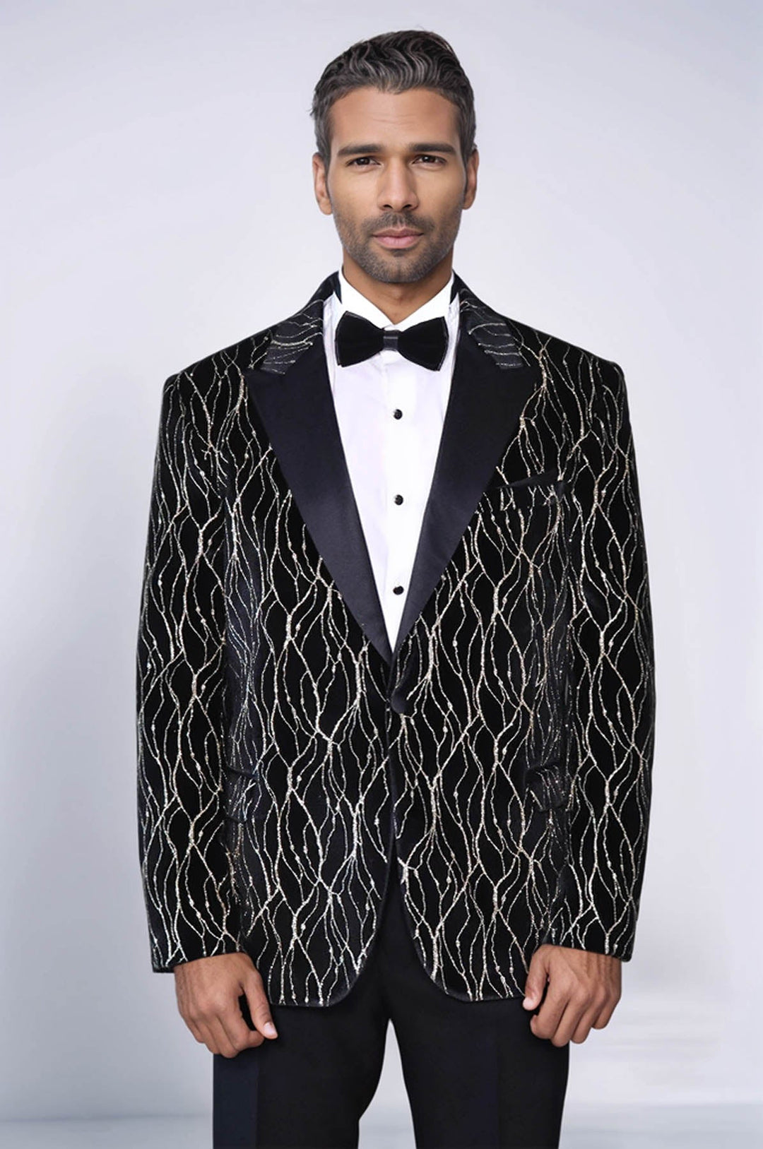 Gold Patterned Black Men Prom Blazer - Wessi