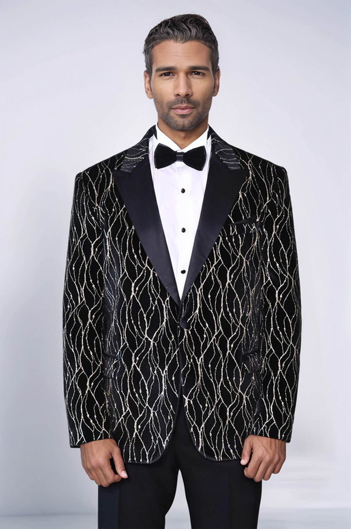 Gold Patterned Black Men Prom Blazer - Wessi