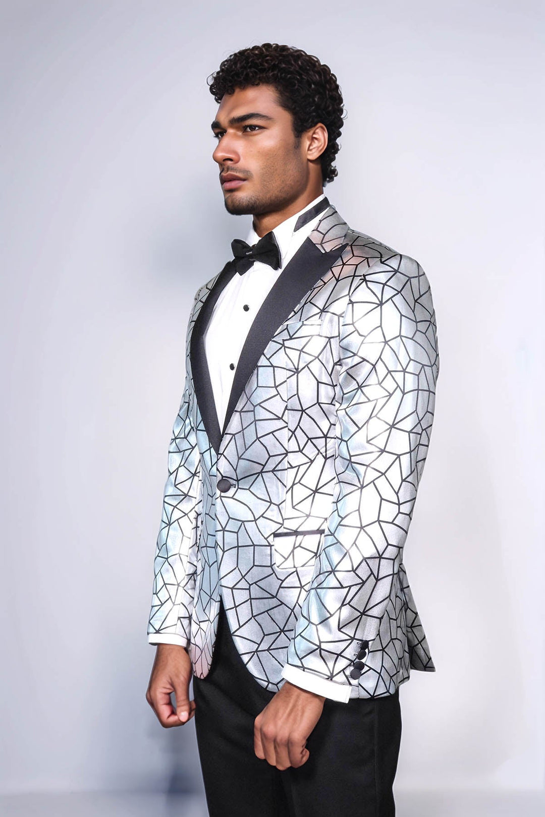 Slim Fit Black Patterned Grey Men Prom Blazer - Wessi
