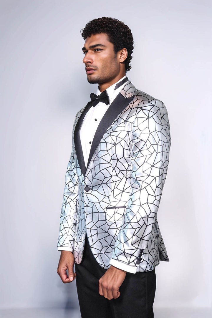 Slim Fit Black Patterned Grey Men Prom Blazer - Wessi
