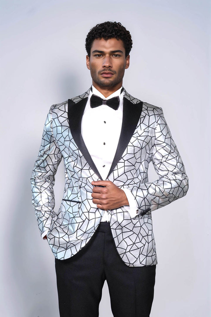 Slim Fit Black Patterned Grey Men Prom Blazer - Wessi