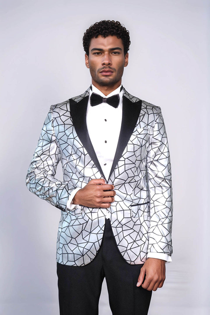 Slim Fit Black Patterned Grey Men Prom Blazer - Wessi