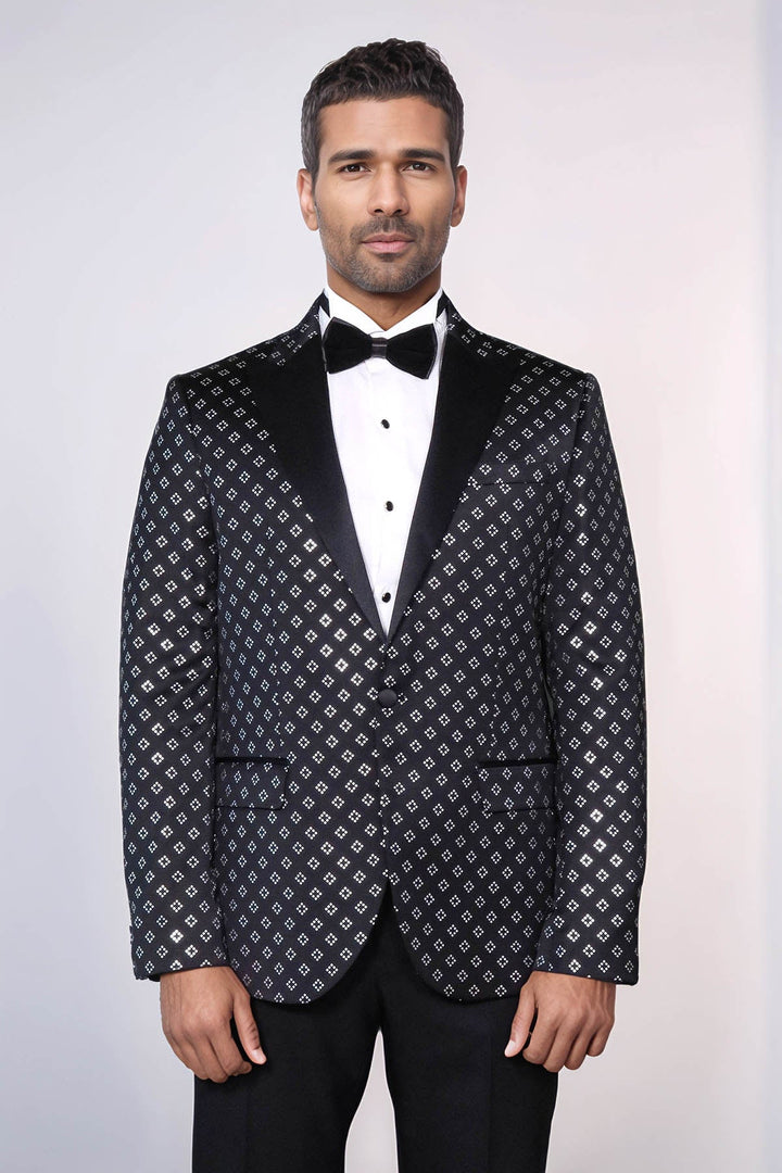 Silver Diamond Pattern Over Black Men Prom Blazer - Wessi