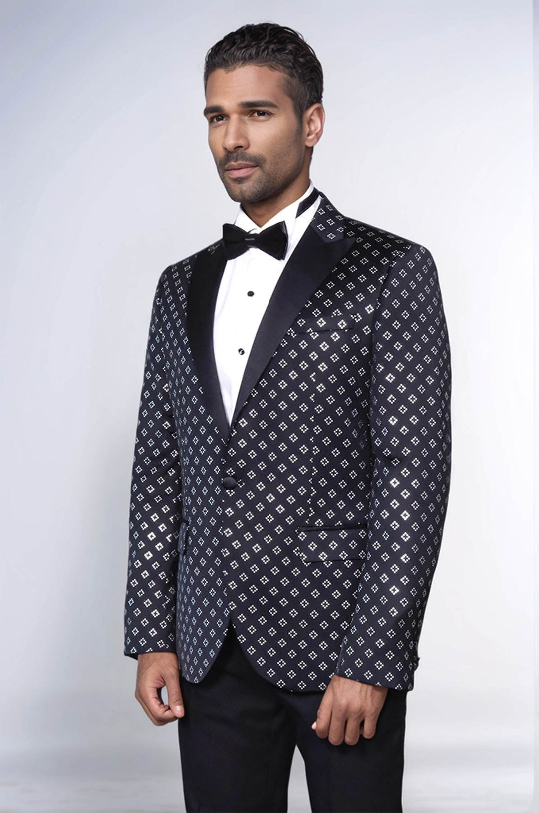 Silver Diamond Pattern Over Black Men Prom Blazer - Wessi
