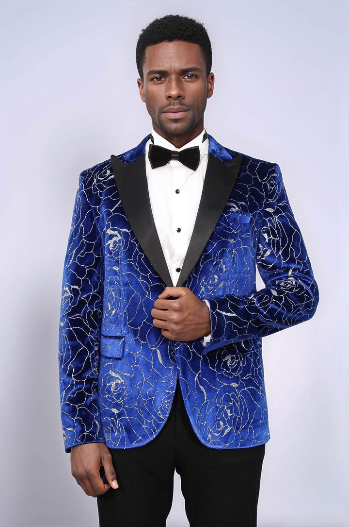 Blazer de fiesta para hombre con estampado de rosas plateadas sobre azul - Wessi