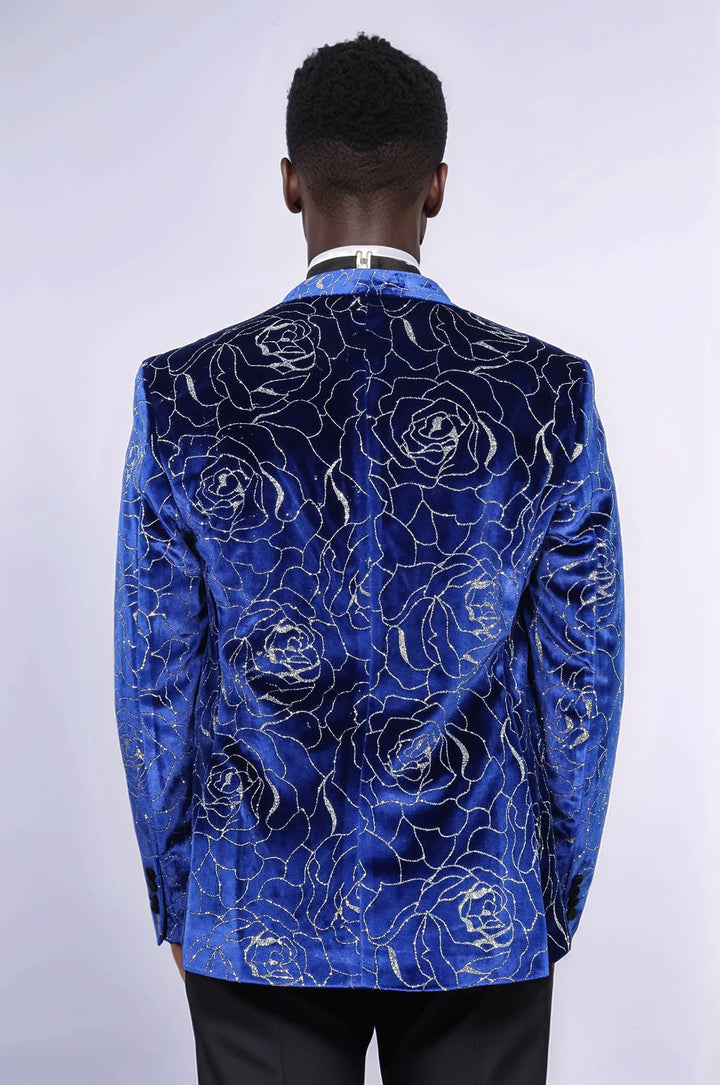 Blazer de fiesta para hombre con estampado de rosas plateadas sobre azul - Wessi