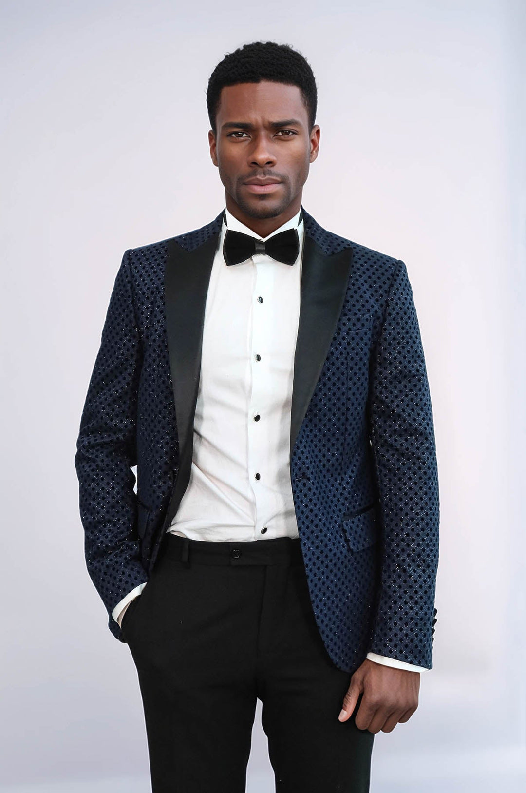Blazer de fiesta para hombre azul marino con estampado de lunares y lentejuelas - Wessi