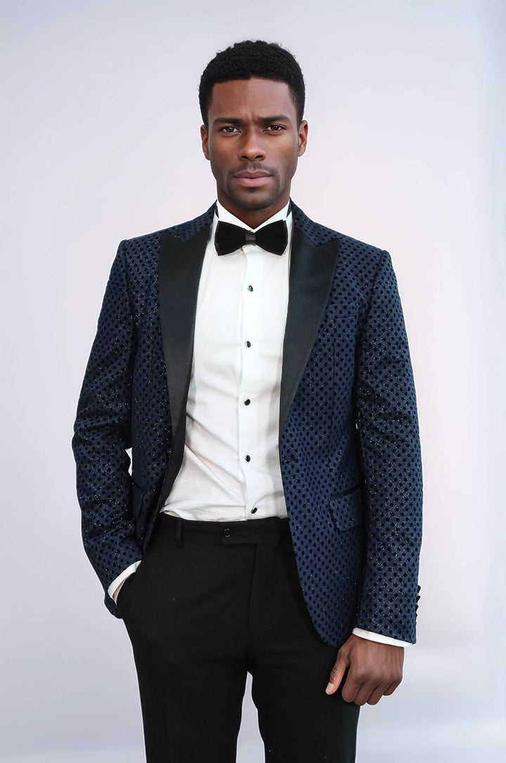 Blazer de fiesta para hombre azul marino con estampado de lunares y lentejuelas - Wessi