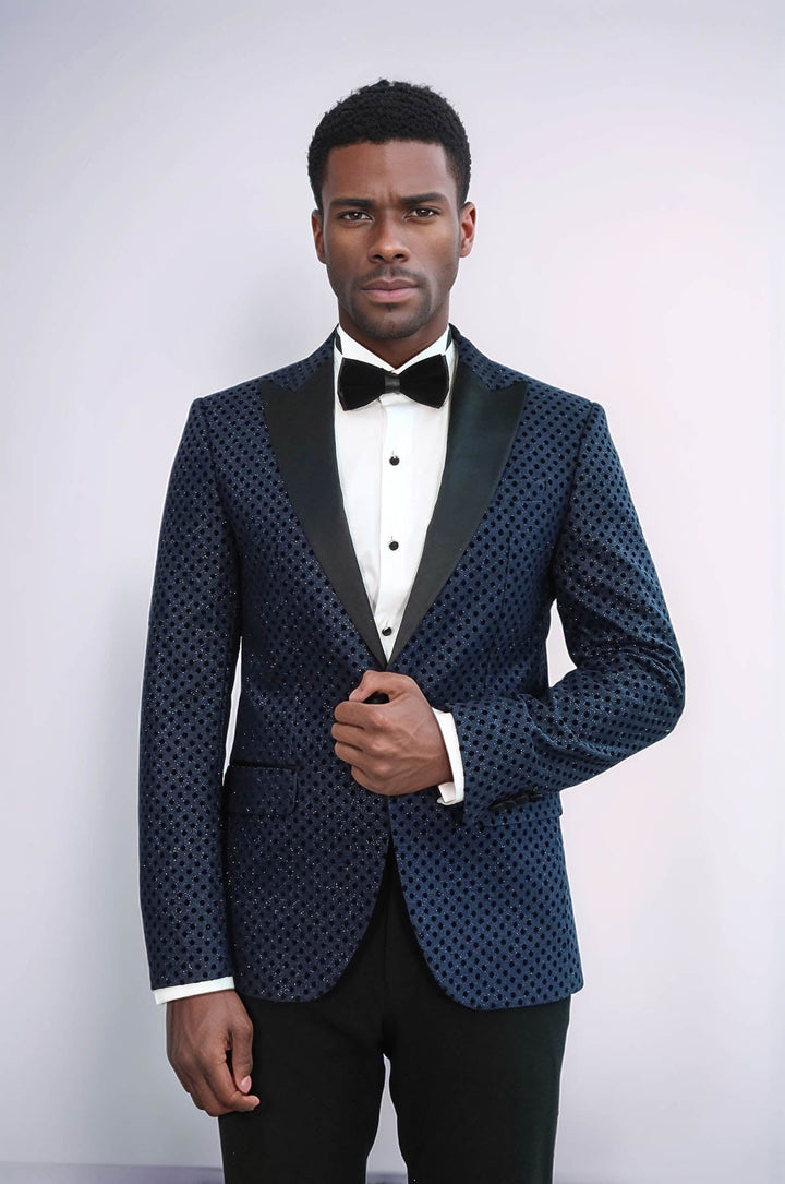 Blazer de fiesta para hombre azul marino con estampado de lunares y lentejuelas - Wessi