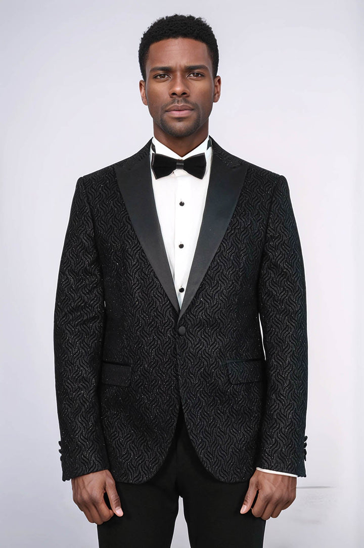 Shiny Patterned Black Men Prom Blazer - Wessi