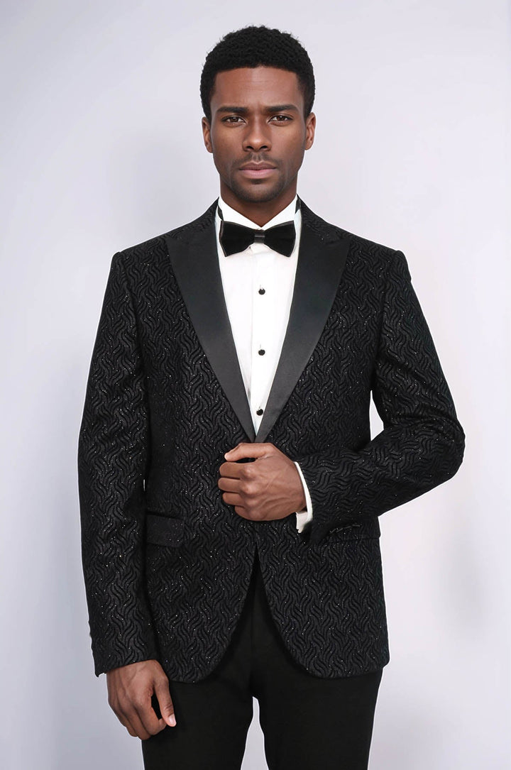 Shiny Patterned Black Men Prom Blazer - Wessi