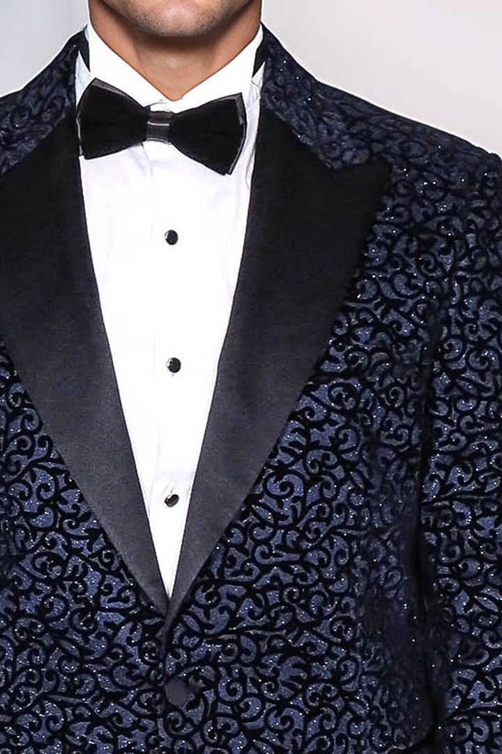 Blazer de fiesta para hombre en azul marino con estampado de volutas - Wessi