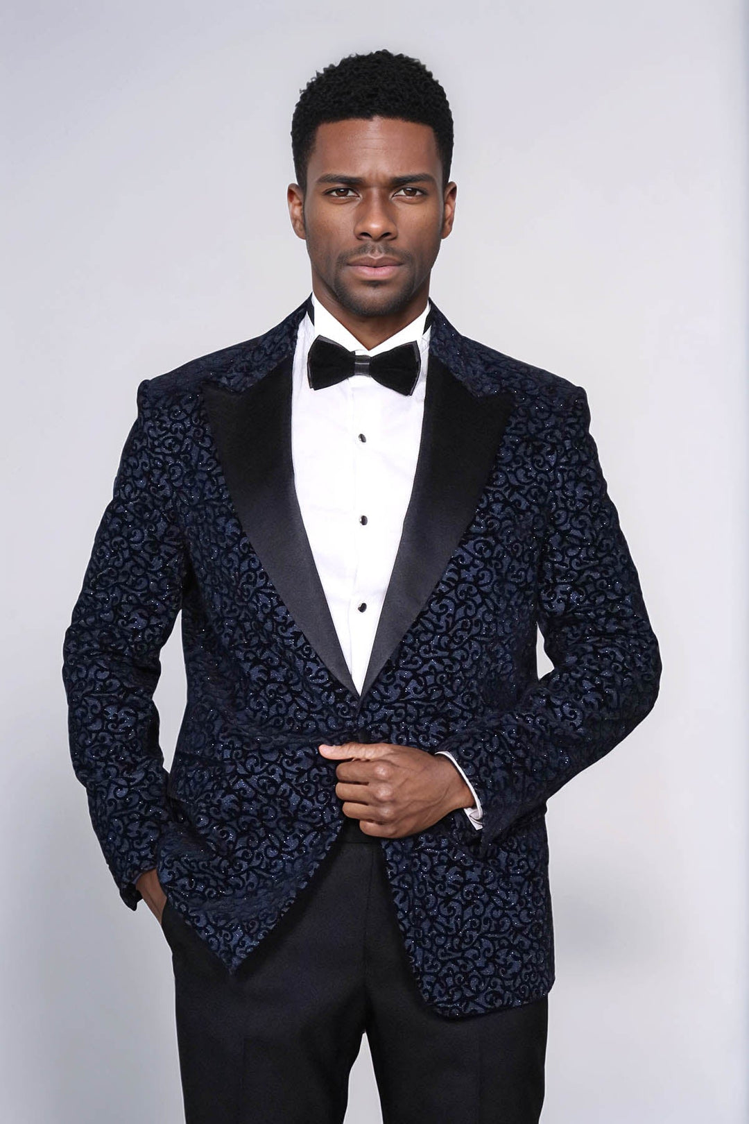 Blazer de fiesta para hombre en azul marino con estampado de volutas - Wessi