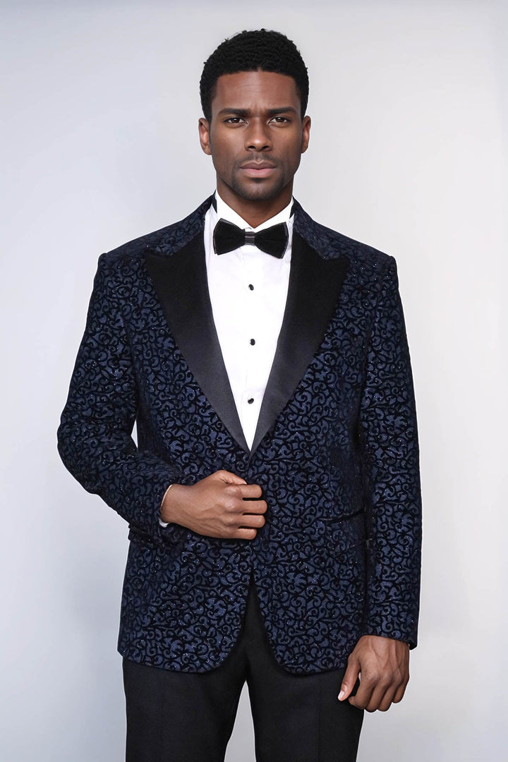 Blazer de fiesta para hombre en azul marino con estampado de volutas - Wessi