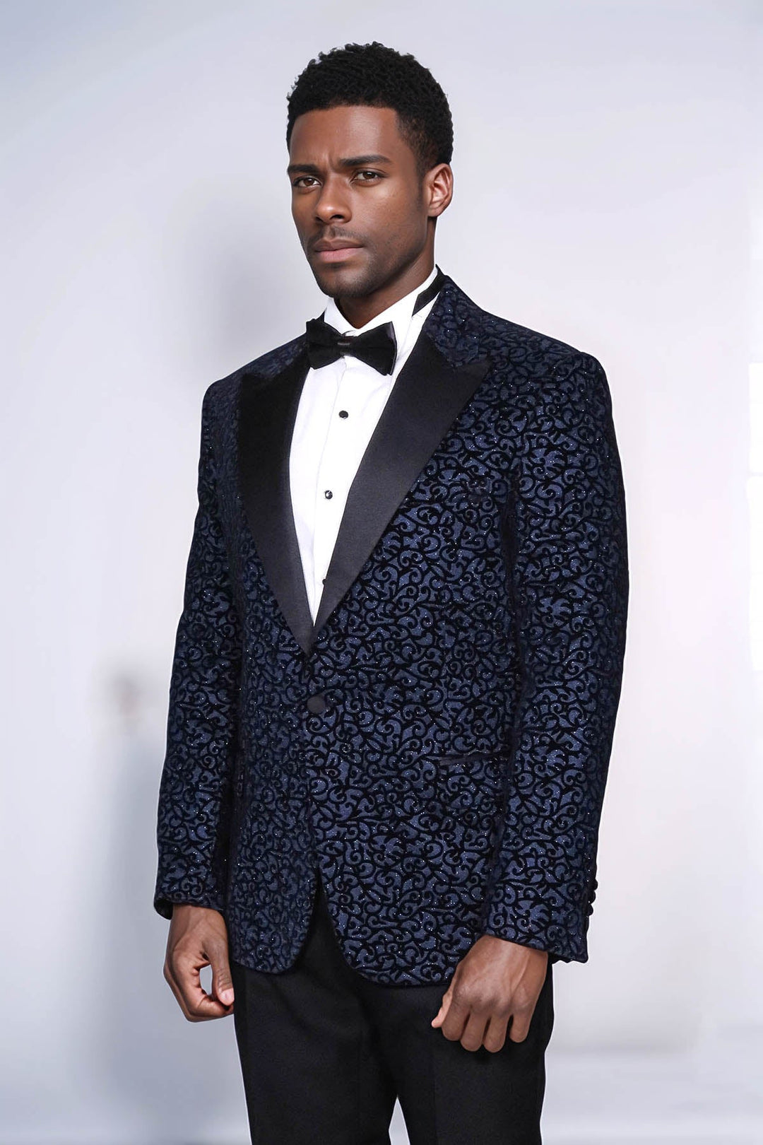 Blazer de fiesta para hombre en azul marino con estampado de volutas - Wessi