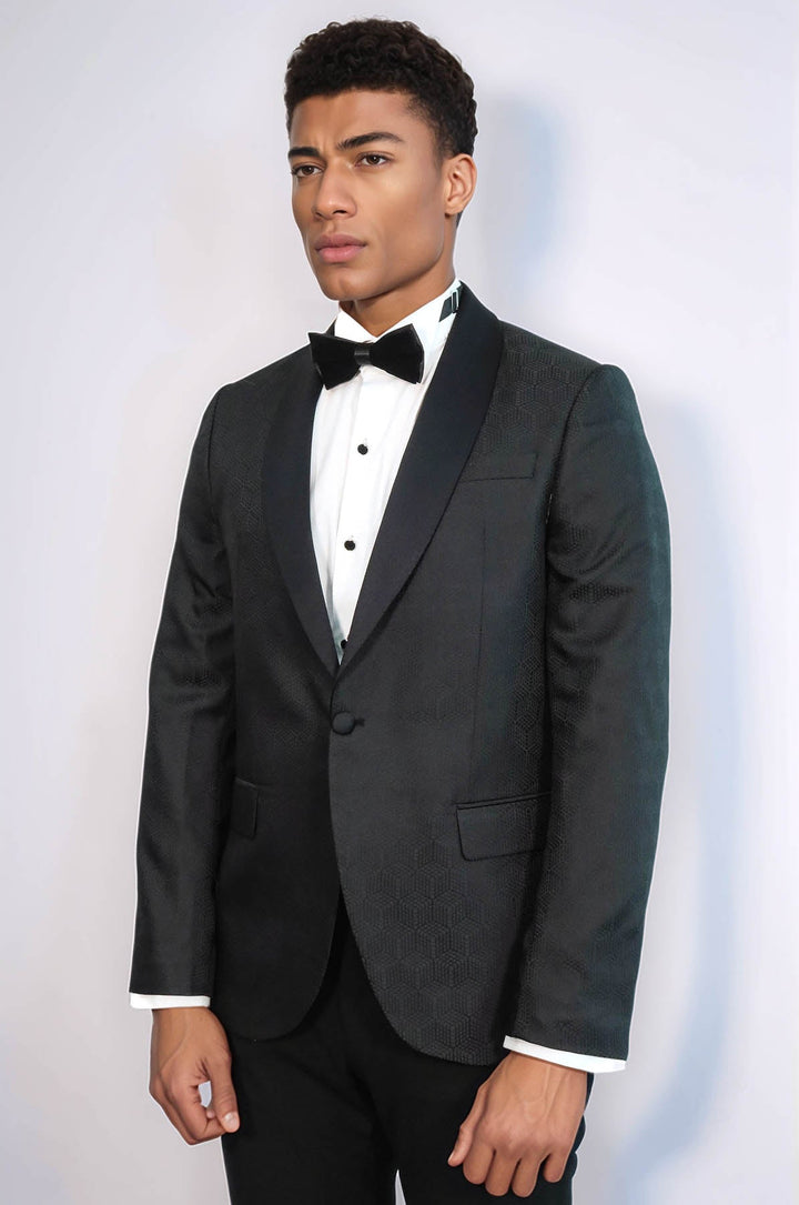 Pentagon Patterned Shawl Lapel Black Men Prom Blazer - Wessi