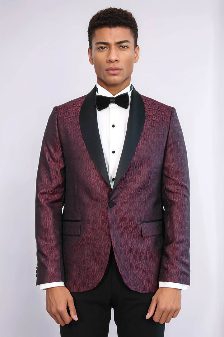 Pentagon Patterned Shawl Lapel Burgundy Men Prom Blazer - Wessi