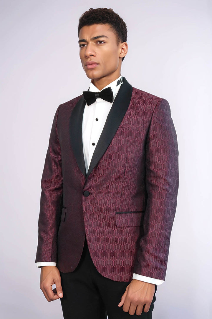 Pentagon Patterned Shawl Lapel Burgundy Men Prom Blazer - Wessi