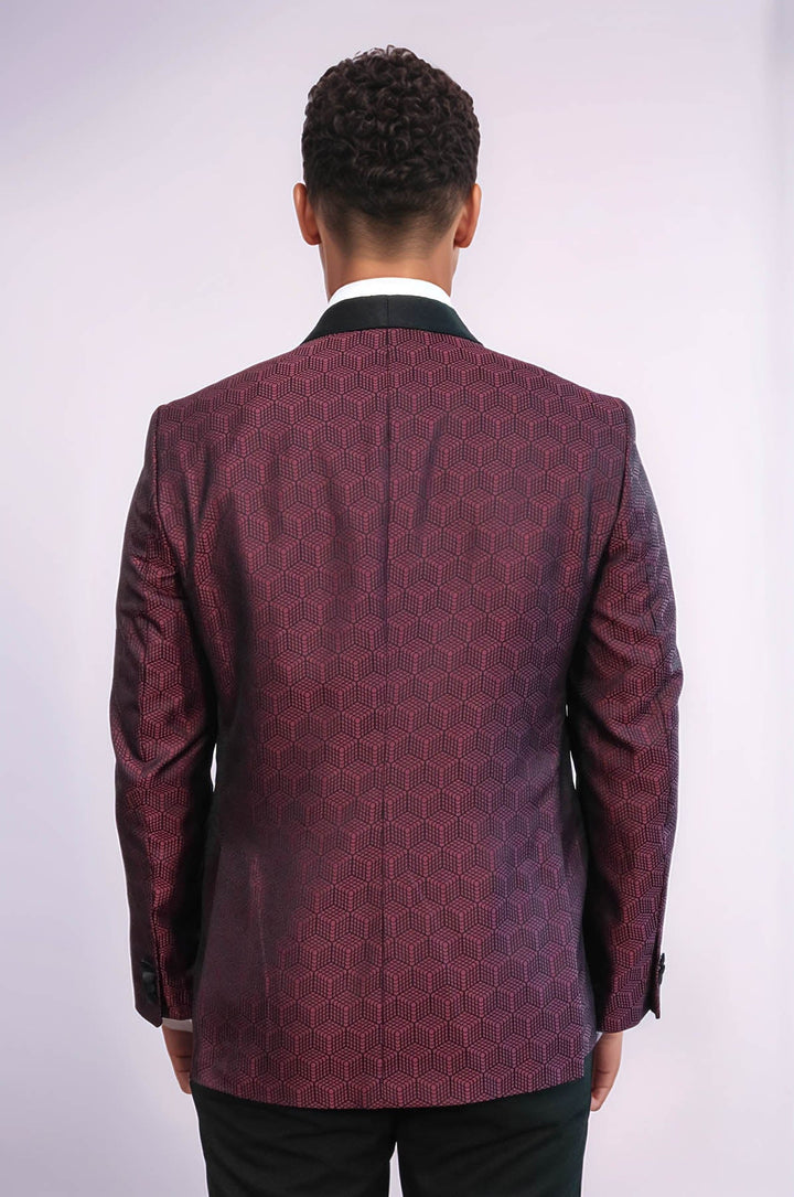 Pentagon Patterned Shawl Lapel Burgundy Men Prom Blazer - Wessi