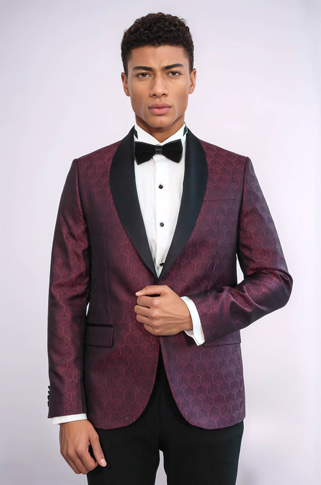 Pentagon Patterned Shawl Lapel Burgundy Men Prom Blazer - Wessi
