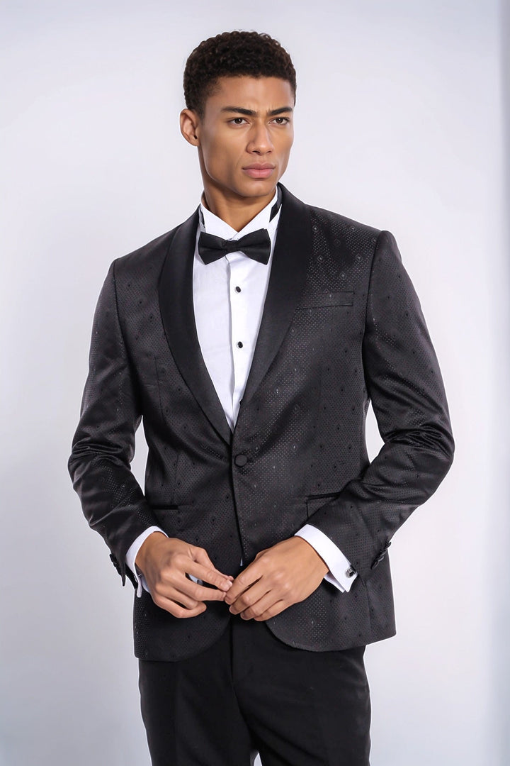 Dot Patterned Slim Fit Black Men Prom Blazer - Wessi