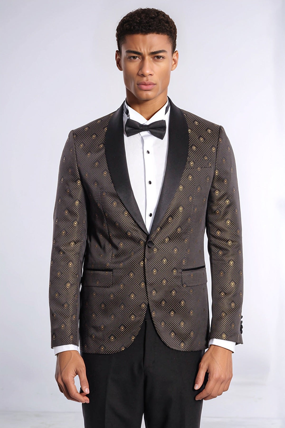 Shawl Lapel Gold Dot Patterned Over Black Men Tuxedo Blazer - Wessi