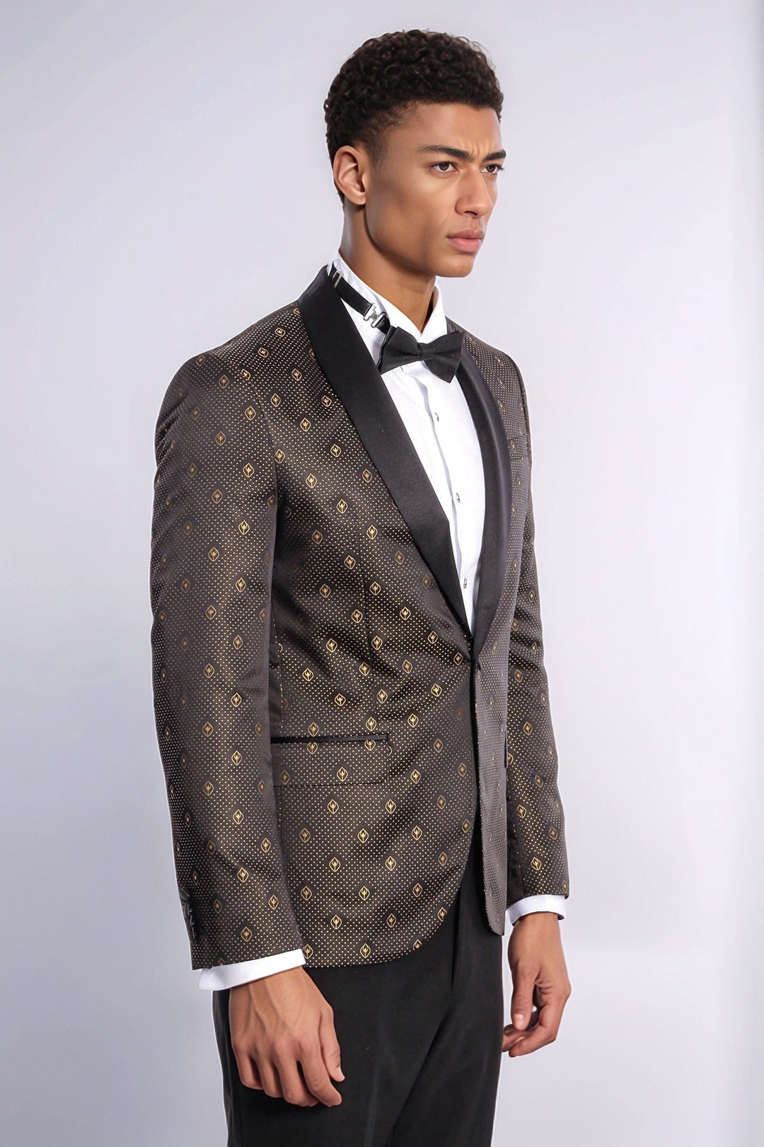 Shawl Lapel Gold Dot Patterned Over Black Men Tuxedo Blazer - Wessi