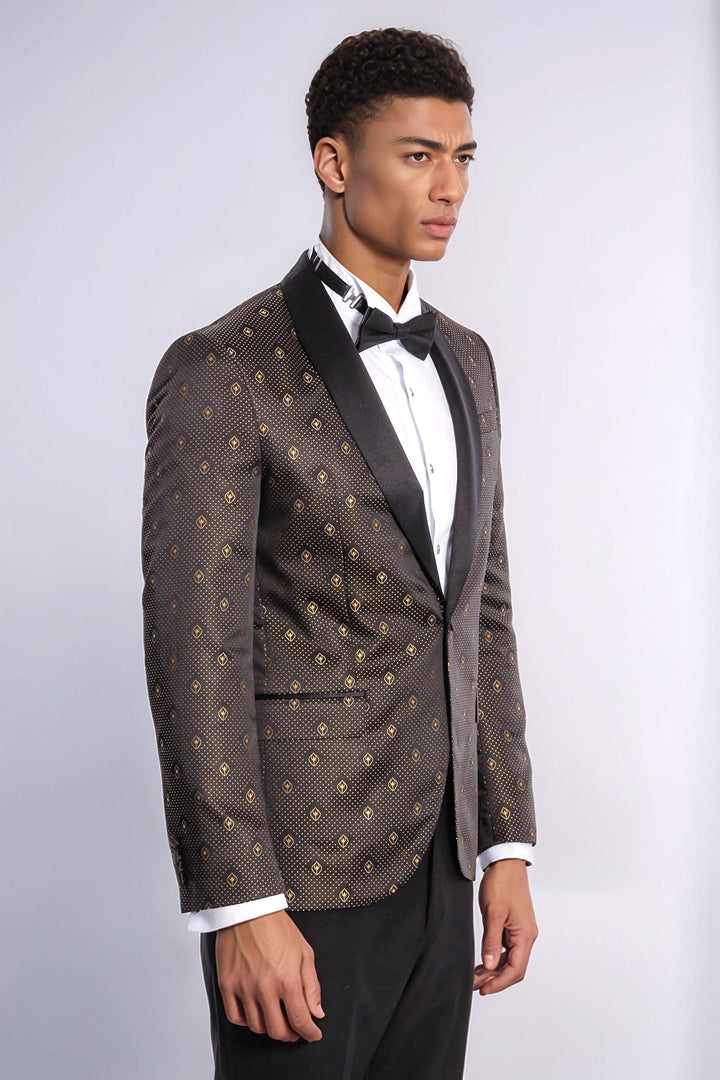 Shawl Lapel Gold Dot Patterned Over Black Men Tuxedo Blazer - Wessi