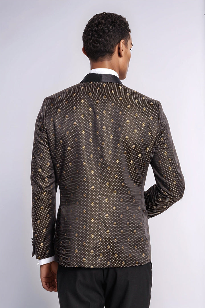 Shawl Lapel Gold Dot Patterned Over Black Men Tuxedo Blazer - Wessi