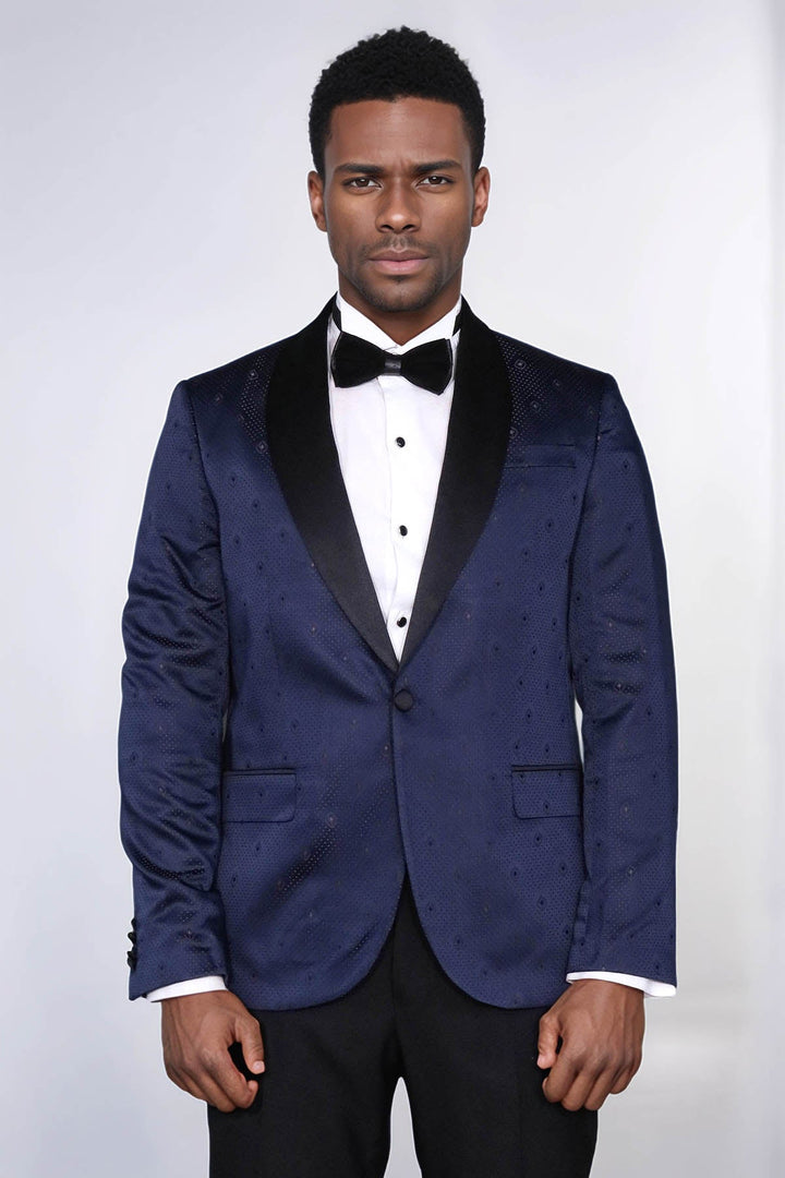 Patterned Shawl Lapel Navy Blue Men Prom Blazer - Wessi