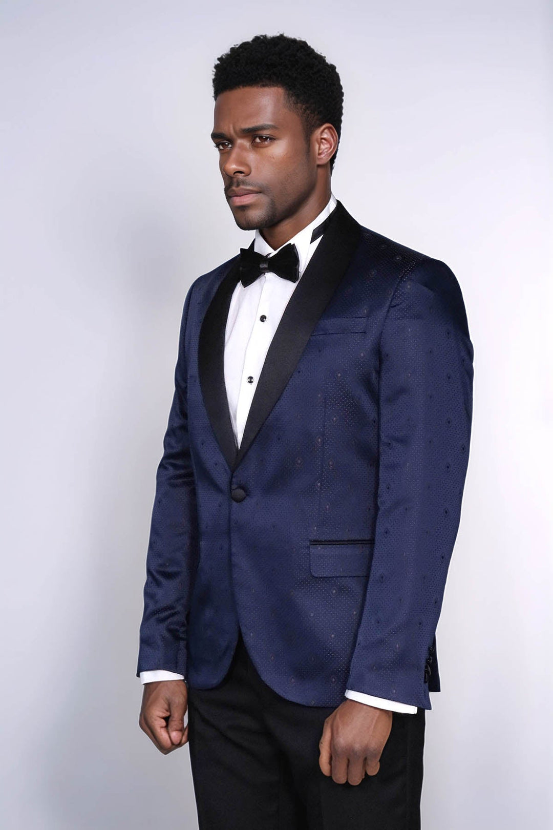 Patterned Shawl Lapel Navy Blue Men Prom Blazer - Wessi