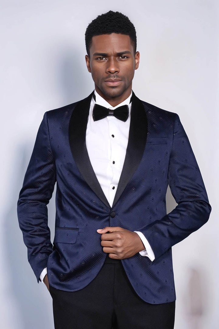 Patterned Shawl Lapel Navy Blue Men Prom Blazer - Wessi