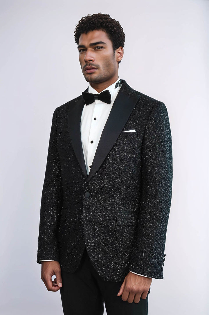 Gingham Patterned Glitter Black Men Prom Blazer - Wessi