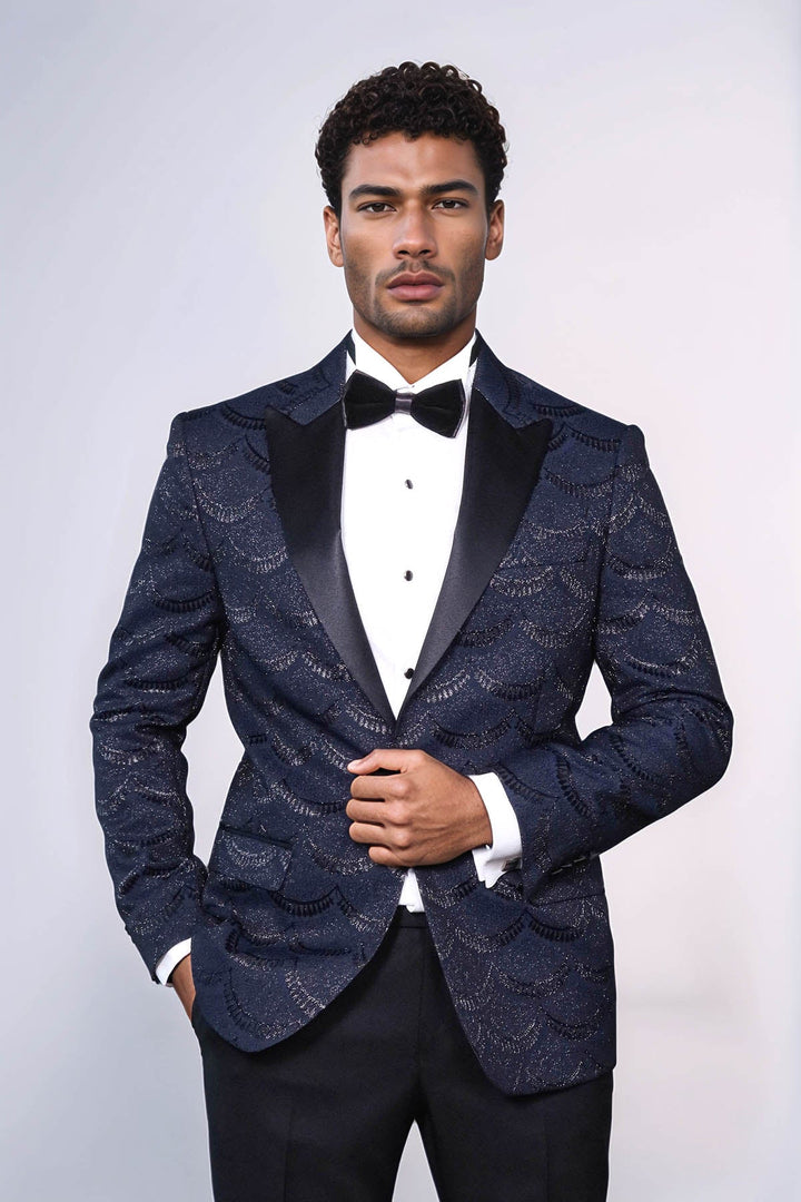 Blazer de fiesta azul marino ajustado y estampado para hombre - Wessi