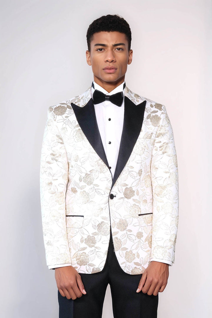 Floral Patterned White Men Prom Blazer - Wessi