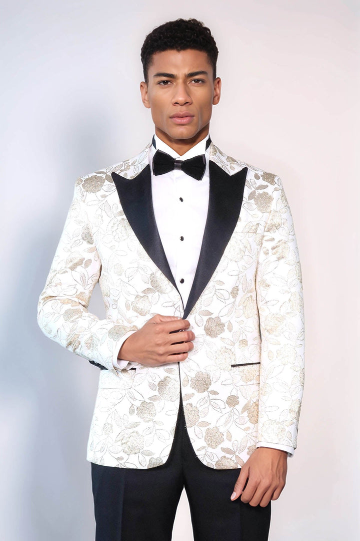Floral Patterned White Men Prom Blazer - Wessi