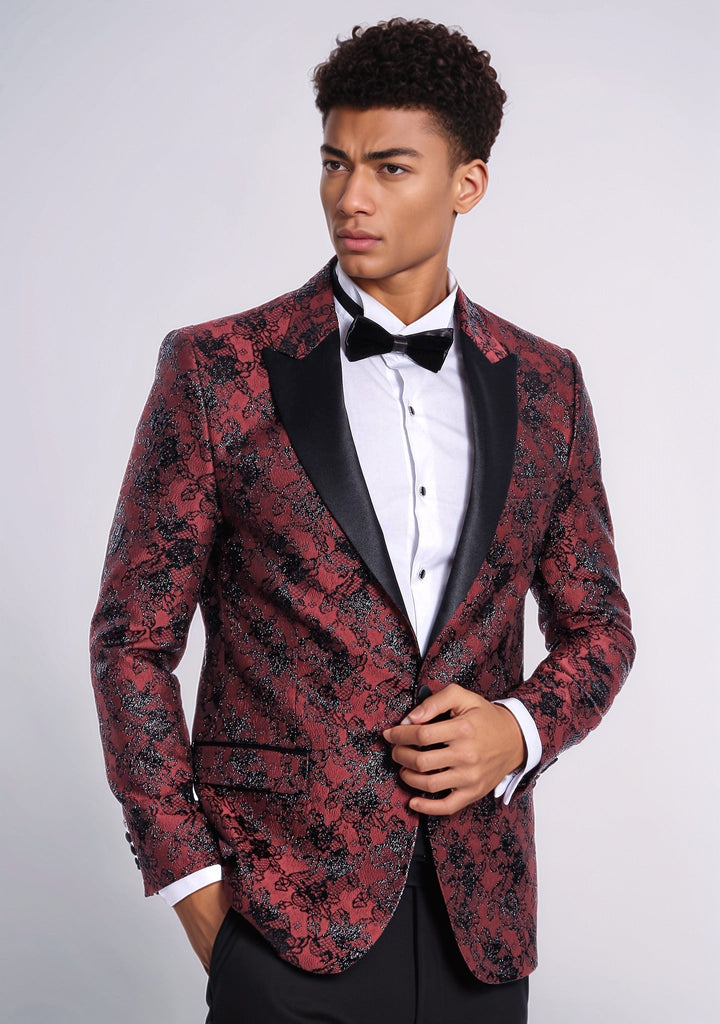 Floral Patterned Slim Fit Burgundy Men Prom Blazer - Wessi